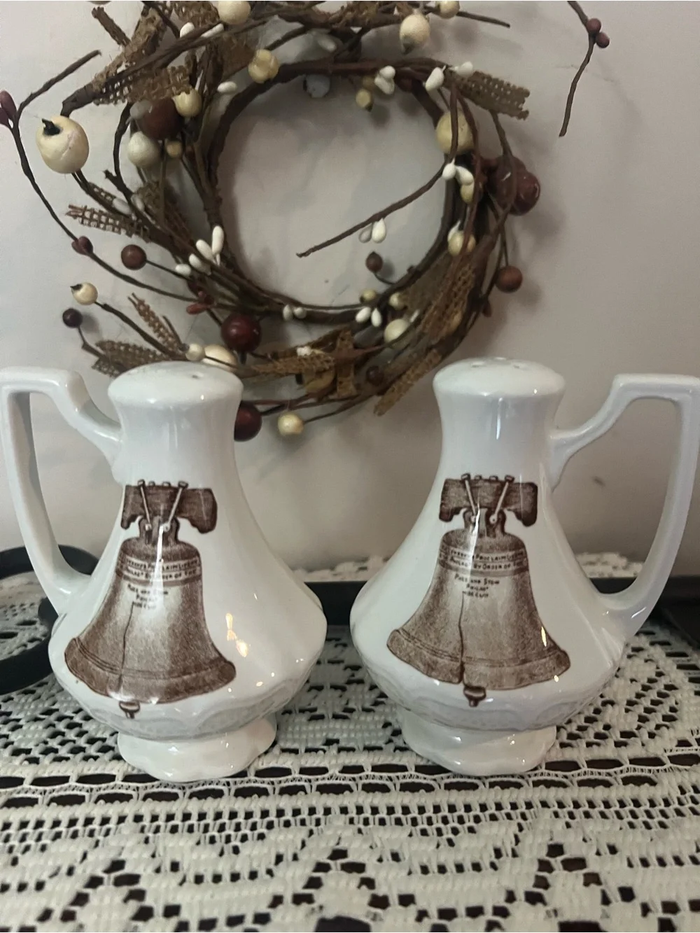 Ironstone Americana Liberty Bell brown off white salt & pepper shakers